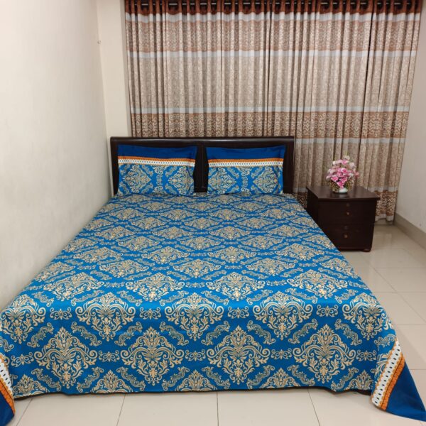 Luxury Twill Cotton Bedsheet – King Size – 3‑Piece Set – Blue Gold