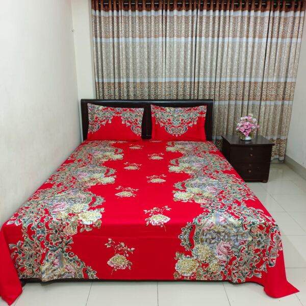 Luxury Twill Cotton Bedsheet – King Size – 3‑Piece Set – Flora Red Candy