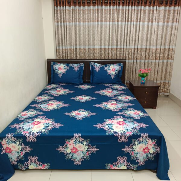 Luxury Twill Cotton Bedsheet – King Size – 3Pecs – Flora Blue