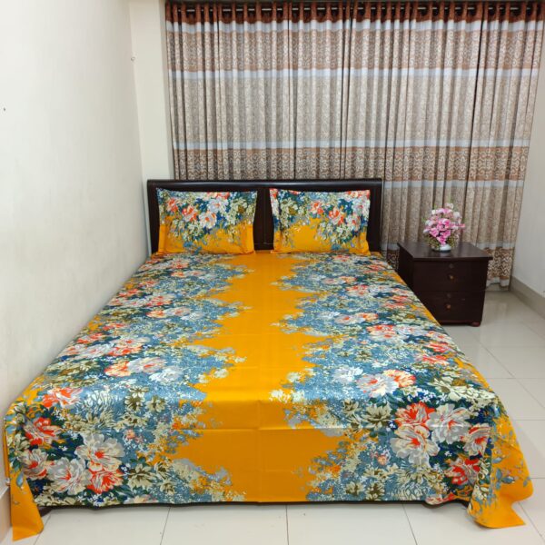 Luxury Twill Cotton Bedsheet – King Size – 3‑Piece Set – Flora Mustard