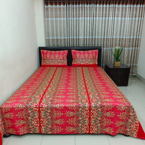 Luxury Twill Cotton King Size Bedsheet Set – 3 Pieces – Red Nokshi