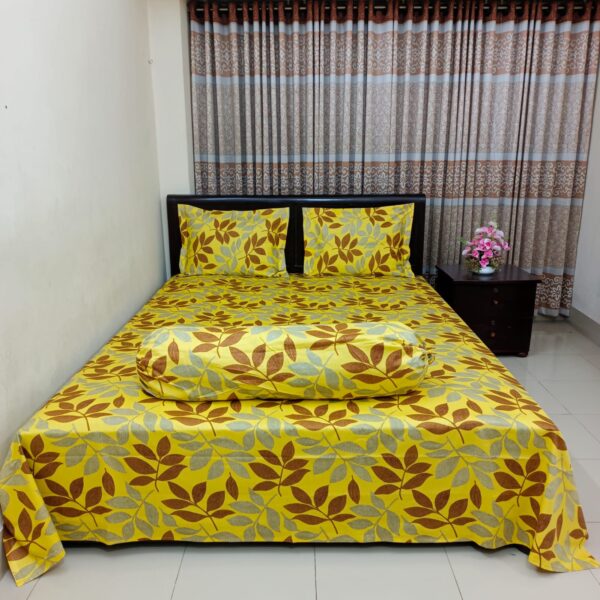 Luxury Twill Cotton Bedsheet – King Size – 3 Pecs Set – Golden Leaf